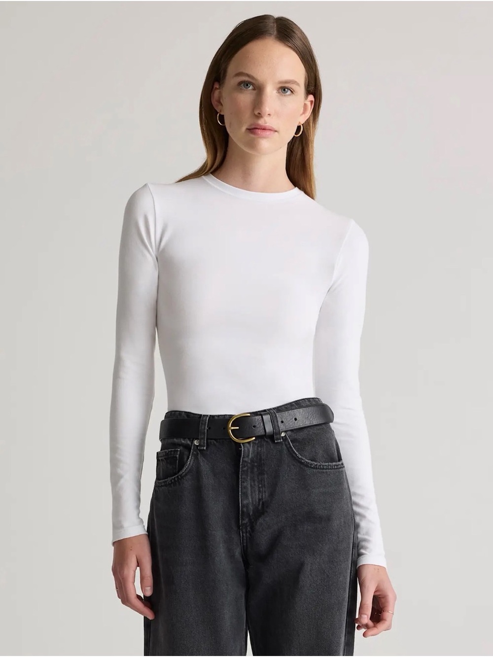 Quince stretch cotton jersey White Long-Sleeve Crewneck Top NWT